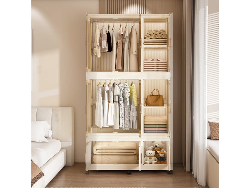  Armoire pliable modulable 92 x 45 x 196 cm – beige – 9 portes magnétiques et roulettes verrouillables  - Conforama B