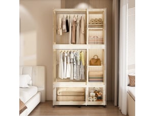 Armoire pliable modulable 92 x 45 x 196 cm – beige – 9 portes magnétiques et roulettes verrouillables