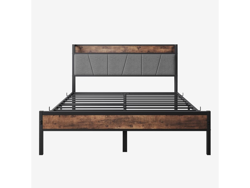  Lit double 140×200 cm avec tête de lit, rangement, led réglable, usb et prise - okmyhome- marron antique, sans matelas  - Conforama A