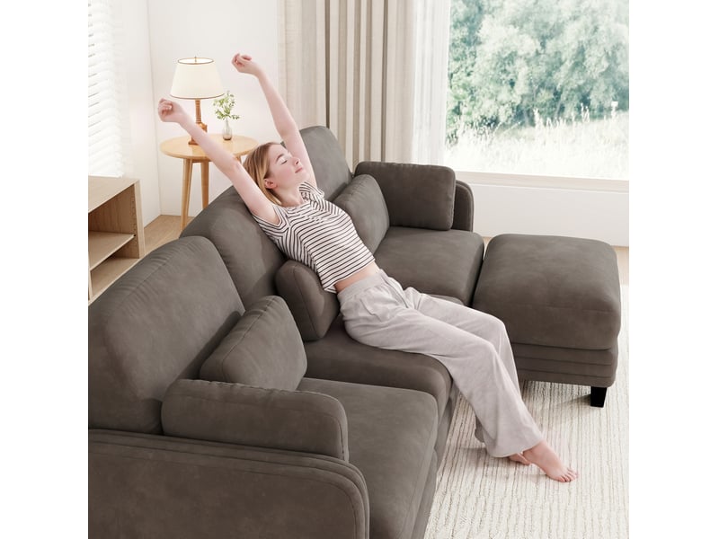  Canapé d'angle modulaire tcqpz 4 places 330 x 143 x 88 cm avec ottomane chenille marron  - Conforama E