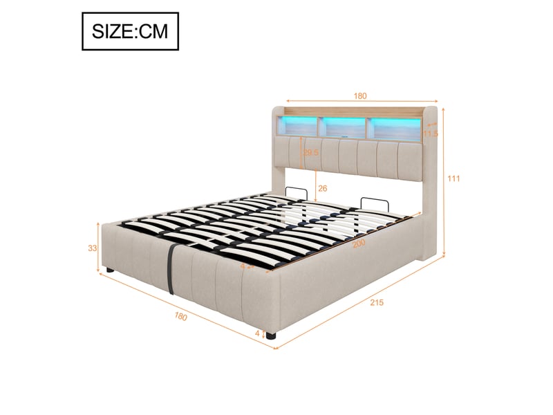  Lit capitonné 180x200 cm beige en lin, led, prise usb, tête avec rangements et coffre hydraulique et cadre métal stable  - Conforama B