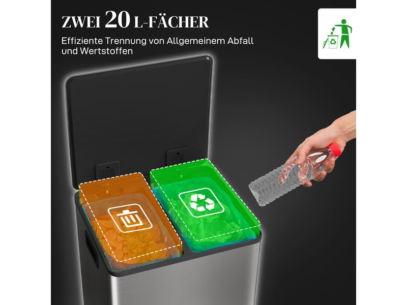  Poubelle à pédale 2 bacs 2x20l en acier inoxydable argenté 41,8x36,7x58 cm  - Conforama D