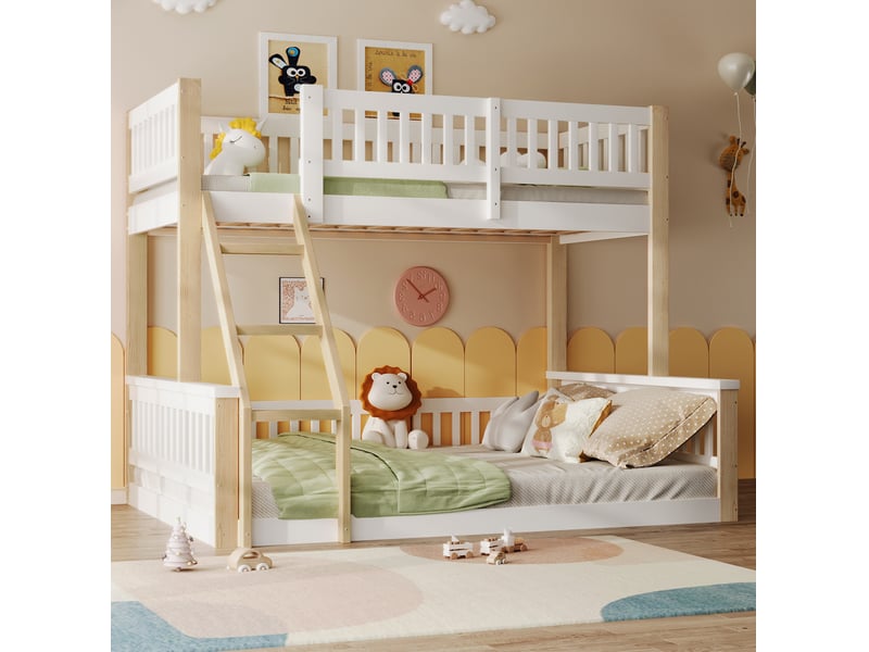  Lit superposé enfant 90x200 et 140x200 cm avec échelle et barrières, blanc naturel  - Conforama E