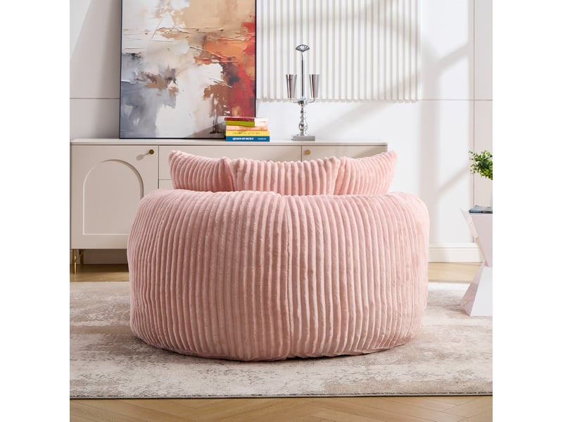  Fauteuil rond fixe rose en velours côtelé avec repose-pieds et 5 coussins, idéal pour vos moments de détente au salon  - Conforama E
