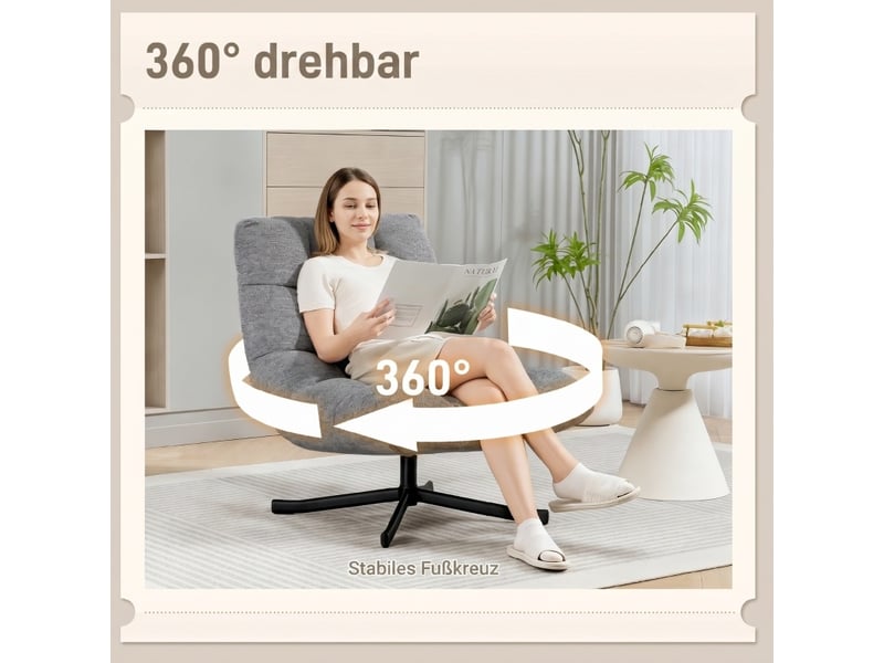  Fauteuil lounge pivotant 360° gris, assise large en polyester aspect chenille, pieds en acier thermolaqué  - Conforama E