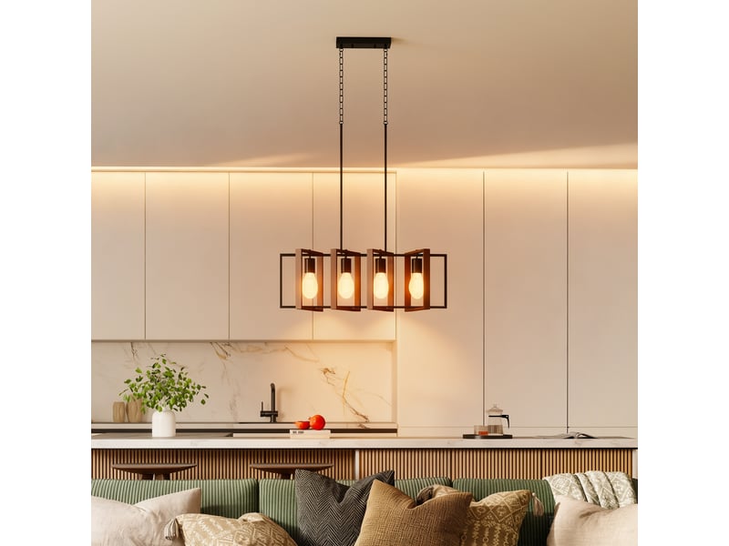  Suspension rustique avec 4 abat-jour rotatifs et chaîne réglable, 80 x 21 x 90-130 cm, noir et marron  - Conforama C