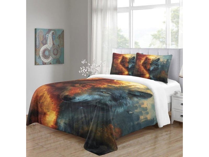  Housse de couette - 220x240cm - imprimé 3d loup - microfibre 100 polyester - fermeture éclair cachée - parure lit 3 pièces  - Conforama A