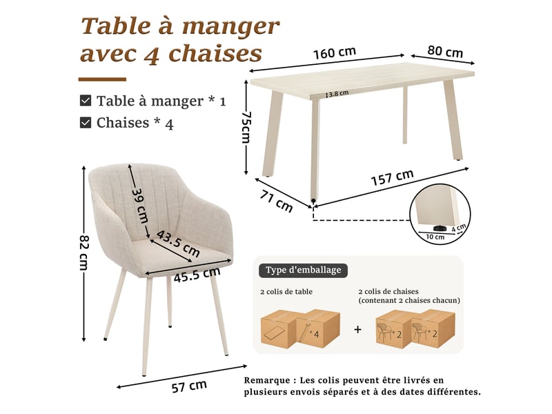 Ensemble table et 4 chaises - table rectangulaire 160x80 cm monobloc en travertin et pieds métal, 4 chaises en tissu beige et pieds en métal blanc - Conforama C