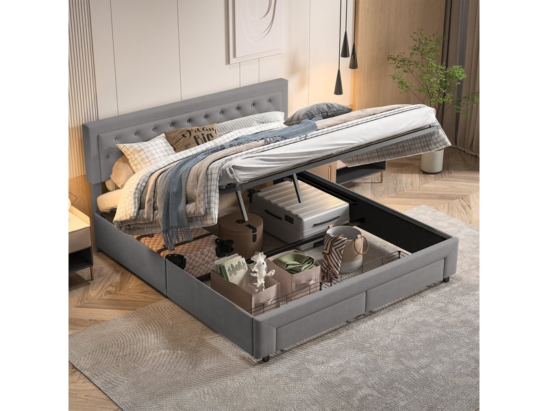  Lit double coffre 180x200, rangement hydraulique sous le lit, 2 tiroirs au pied, sommier à lattes, tissu velours, gris  - Conforama D
