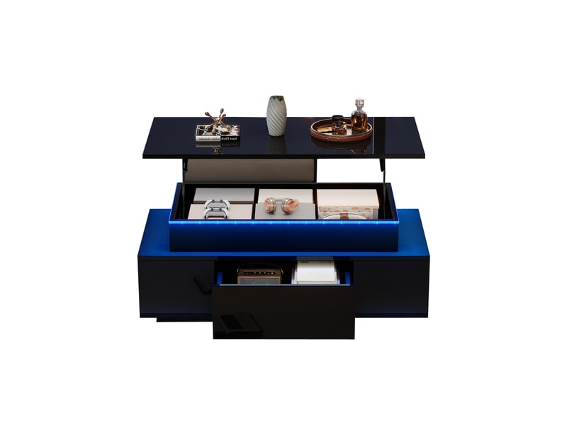  Table basse relevable 96x45x40 cm avec coffre rangement et tiroir plateau moderne brillant aggloméré noir  - Conforama A