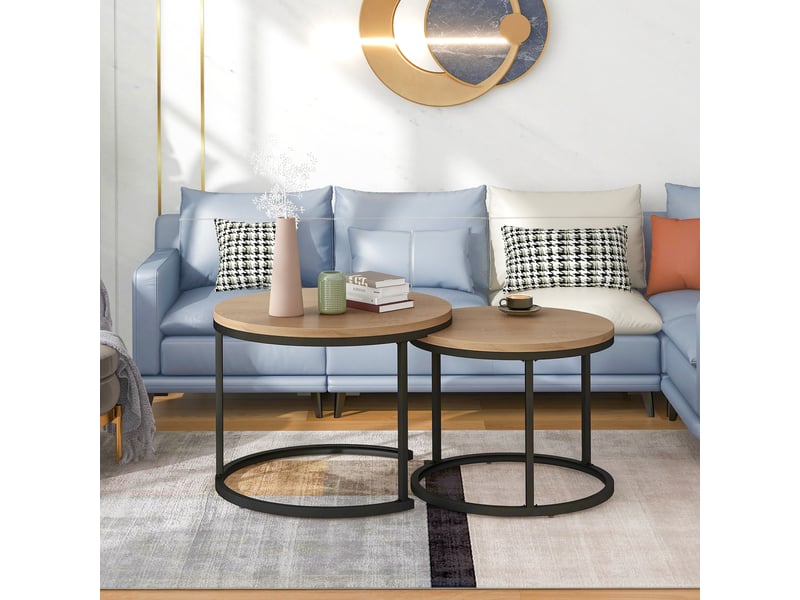  Table basse ronde gigogne lot de 2 tables basses en bois et métal, design moderne pour salon, finition chêne  - Conforama E