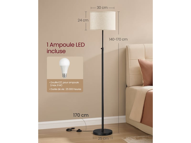  Lampadaire réglable moderne 30 x 30 x 170 cm interrupteur à pied style contemporain ambiance cosy en acier noir 12_0012271  - Conforama B