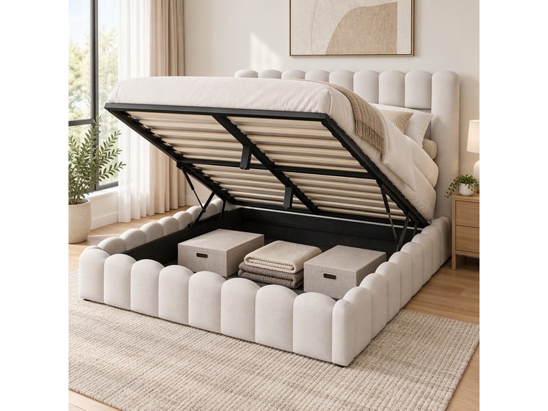  Lit coffre 2 places 180x200 cm, lit adulte avec rangement, compartiment, led, design simple, port usb, lin beige  - Conforama B
