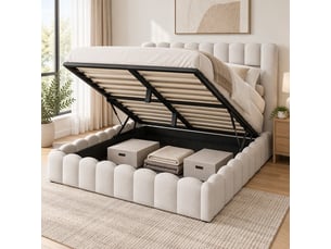 Lit coffre 2 places 180x200 cm, lit adulte avec rangement, compartiment, led, design simple, port usb, lin beige