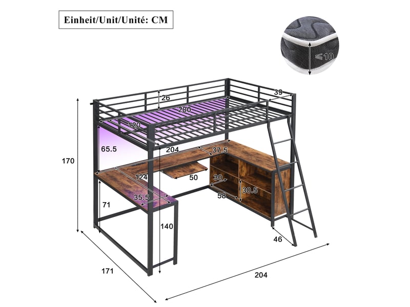 Lit mezzanine 120x200 cm avec matelas non inclus, bureau 3 côtés, led, prise ue, métal et mdf, noir et aspect bois - Conforama C