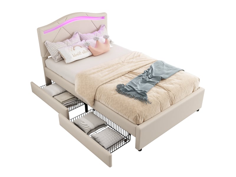  Lit capitonné 90x200cm, beige, sans matelas, led, deux tiroirs, tête réglable, lin et mdf, style minimaliste  - Conforama A