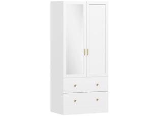 Armoire chambre penderie avec miroir, 2 portes, 2 tiroirs et barre de suspension, 80 x 50 x 180 cm, blanc