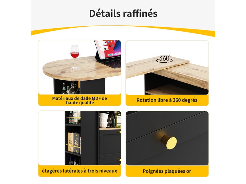  Table de bar pivotante à 360° 105 x 39 x 102 cm avec 4 tiroirs, étagère latérale pivotante à 3 niveaux, mdf, poignées dorées et métal noir, noir  - Conforama E