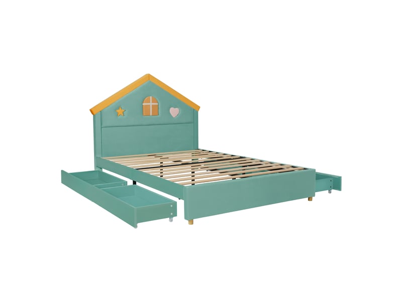  Lit enfant avec rangement 140 x 200 cm bleu vert en velours français, 4 tiroirs et tête de lit maison  - Conforama D