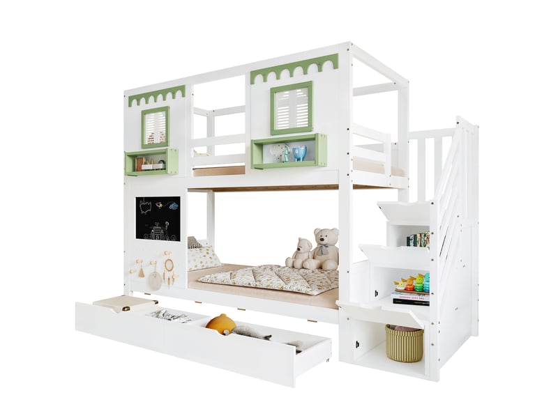 Lit superposé enfant 2 places 90×200 cm, escalier rangement et 2 tiroirs - sans matelas, bois blanc et vert - Conforama A