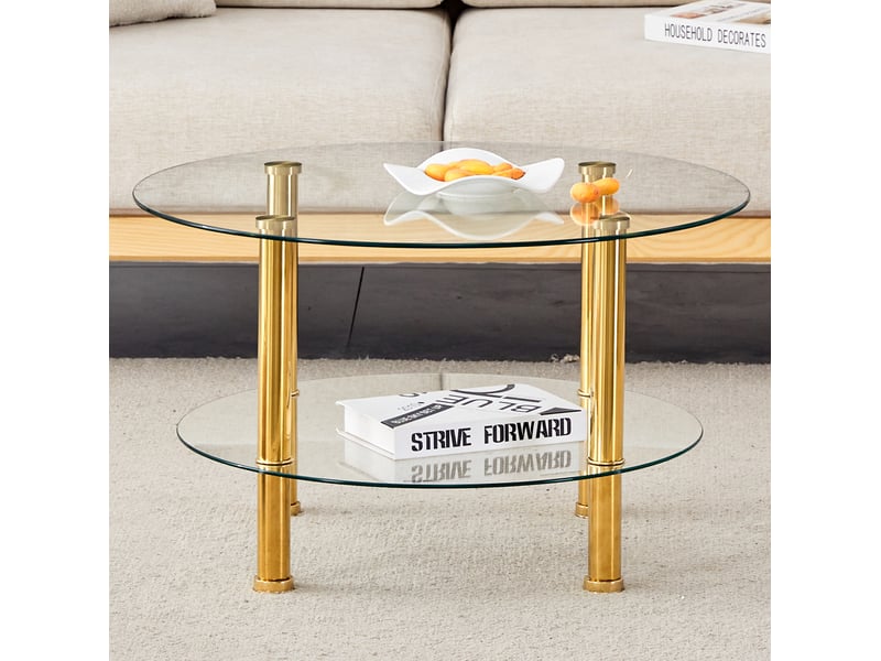  Table basse ronde à deux niveaux en verre trempé transparent et métal doré, 70 x 70 x 42 cm  - Conforama D