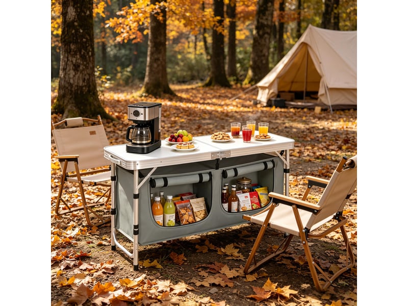 Table de pique-nique pliante, pieds réglables, table camping extérieure avec sac de rangement suspendu - Conforama B