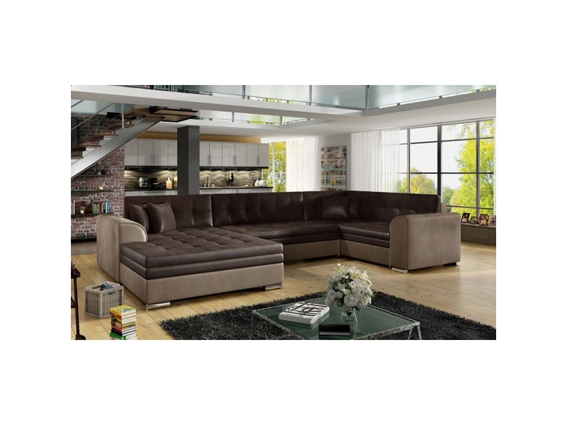  Canapé panoramique convertible caldero 5 places marron – angle gauche – 4 coussins  - Conforama E