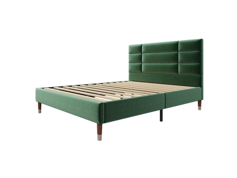  Lit adulte 140x200 cm, tête de lit, structure en bois, sommier, style moderne, lin vert, sans matelas  - Conforama R