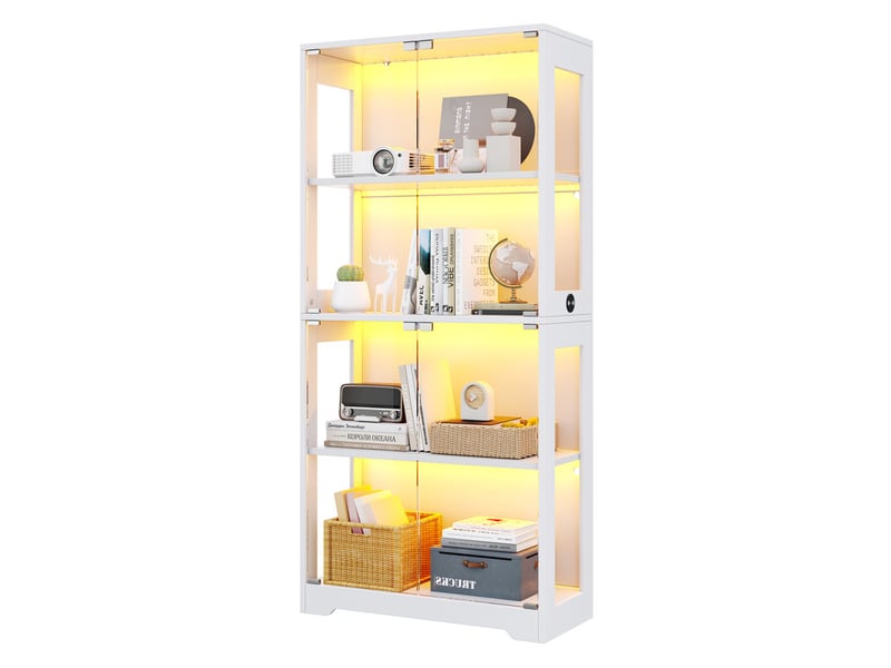 Vitrine led en verre trempé, 3 couleurs, capteurtactile, socle rond, parois acrylique, push-to-open, 80x35x160cm, blanc - Conforama A