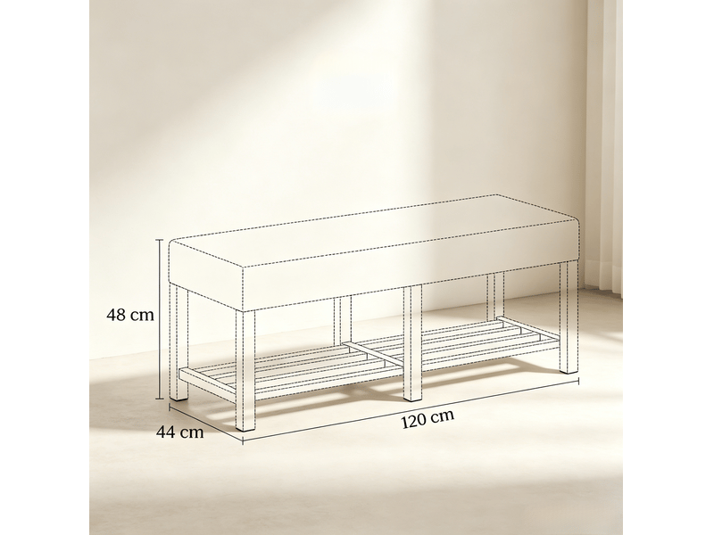  Banc à chaussures avec rangement 120 x 44 x 48 cm, assise rembourrée en tissu beige  - Conforama D