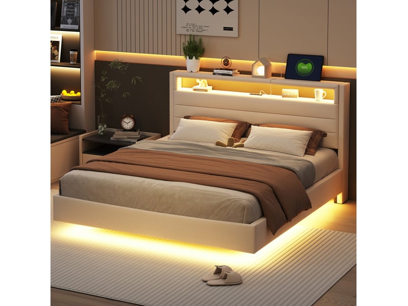  Modenvie lit double rembourré 160x200 cm - avec led et prise usb, sommier inclus - beige  - Conforama E
