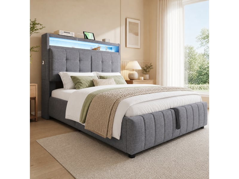 Lit coffre double 140×200 cm led, usb, étagères et rangement - sans matelas, tissu lin, gris - Conforama C
