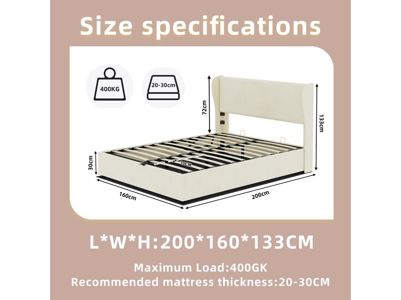  Lit coffre moderne minimaliste avec tête de lit rembourrée beige 160x200cm sommier coffre haut avec vérin gaz matelas inclus  - Conforama C