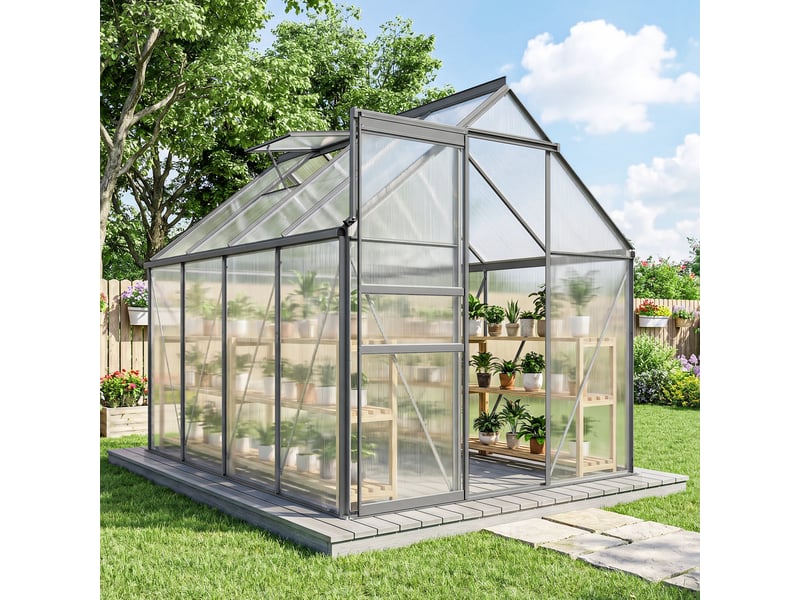  Serre en polycarbonate et aluminium avec fenêtre ouvrante et porte coulissante, 190 x 253 x 199 cm, gris foncé  - Conforama D