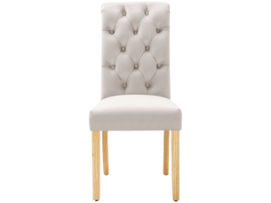 4 chaises en velours gris, pieds en chêne, finition boutonnée – chic et confortables