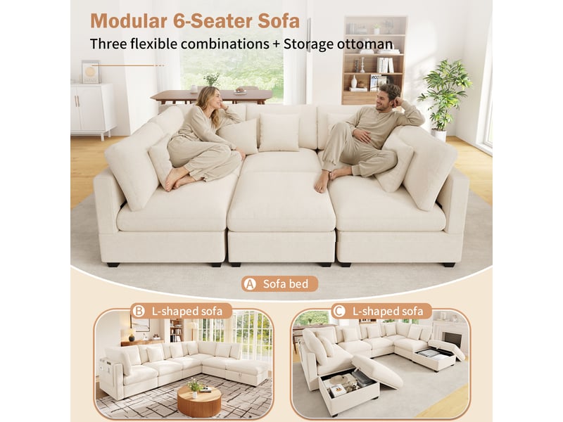  Canapé d'angle modulable 6 places en tissu chenille beige, convertible, pouf à rangement, 370×147×81 cm  - Conforama E