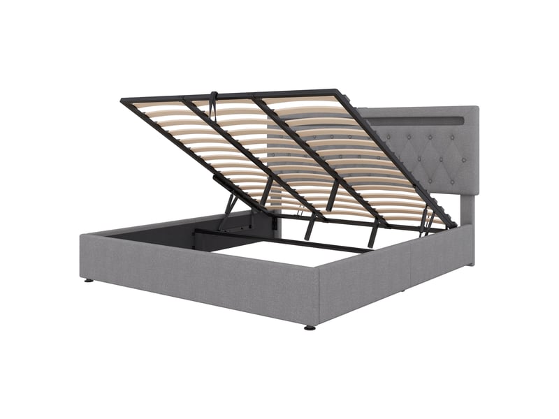  Lit coffre adulte 180x200cm, lit double avec led, usb, tête de lit réglable haut, sommier, tissu lin, gris sans matelas  - Conforama R