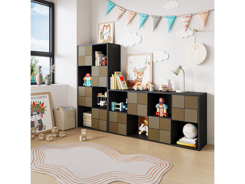  Bibliothèque 8 cases - 60x30x125cm - meuble de rangement modulaire étagères ouvertes &amp; portes cannelées - noir  - Conforama C