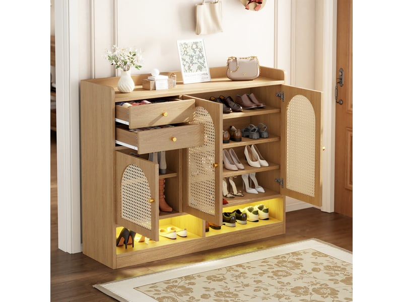 Meuble à chaussures 120x35x100 cm, 3 portes cannage rotin, 2 tiroirs, éclairage led, étagère ouverte, rangement entrée, mdf - naturel - Conforama D