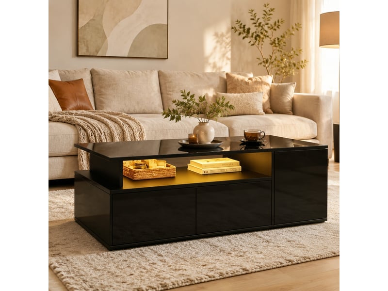 Table basse avec 2 tiroirs, 3 niveaux et led pour salon 100×50×35 cm en panneaux de particules noir  - Conforama B