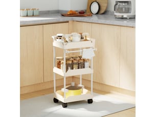 Desserte à roulettes avec 3 paniers, porte-serviettes et paniers amovibles, en métal blanc, 42 × 42,5 × 76 cm