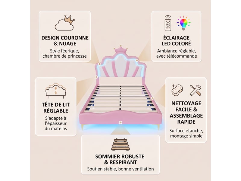  Lit simple 140x190 cm, lit capitonné enfant avec rgb led et tête de lit couronne réglable, lit capitonné avec sommier, rose  - Conforama C
