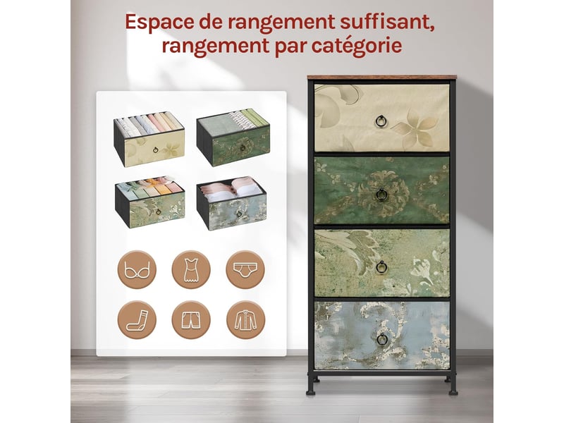 Commode à 4 tiroirs en tissu,meuble rangement,marron rustique+noir+motif fleur vintage,45x30x95cm - Conforama E