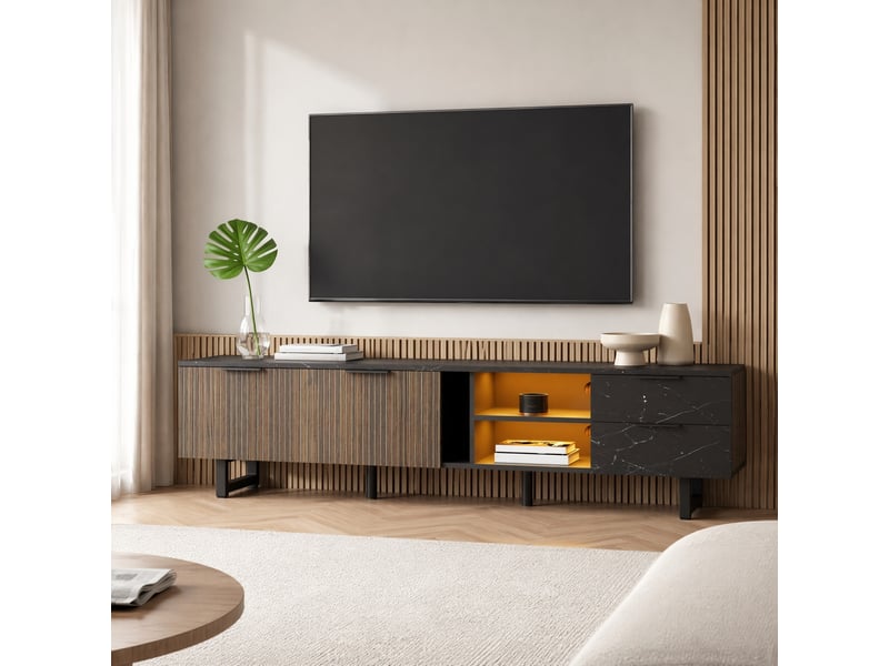  Meuble tv 200 cm effet marbre noir et bois foncé avec led, 2 portes, 2 tiroirs  - Conforama B