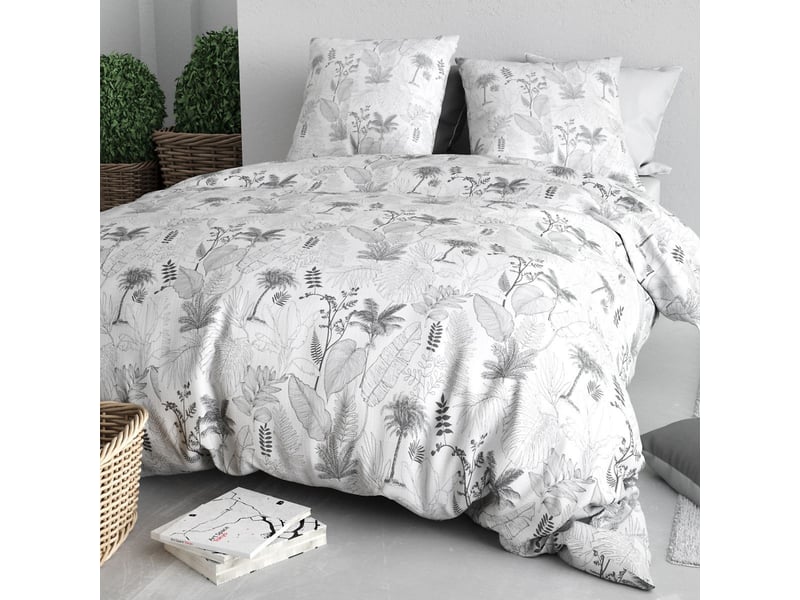  Parure housse de couette 240x220cm + 2 taies motif feuillage palmier blanc et noir 100% coton - josselin JOSSELIN - Conforama B