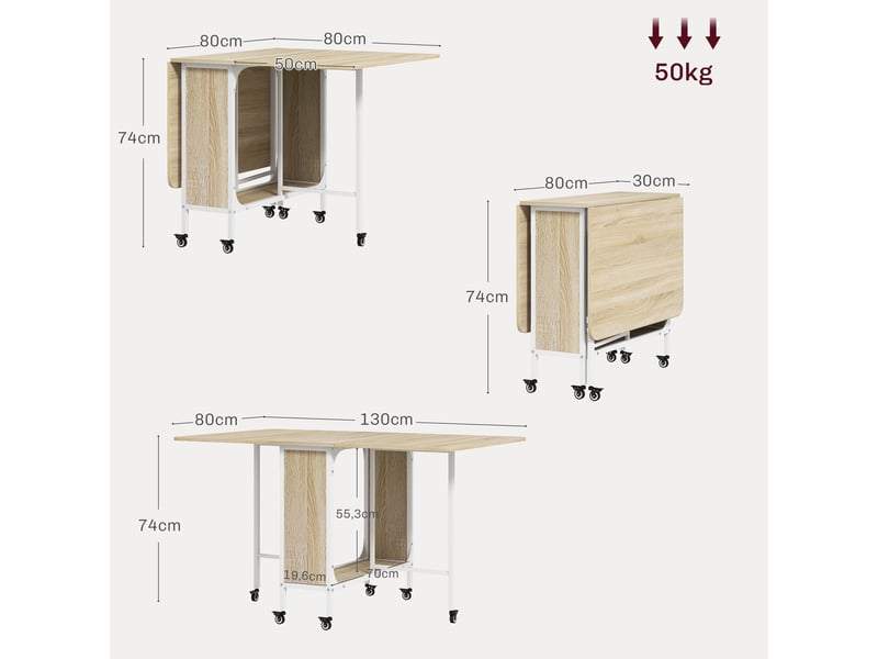  Table de cuisine pliante à roulettes avec abattant et étagère, table pliante pour salon, 130 x 80 x 74 cm, bois naturel  - Conforama E