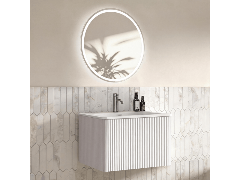  Meuble sous vasque suspendu avec 1 tiroir, vasque intégrée et miroir rond led, salle de bain, blanc, rainuré  - Conforama C