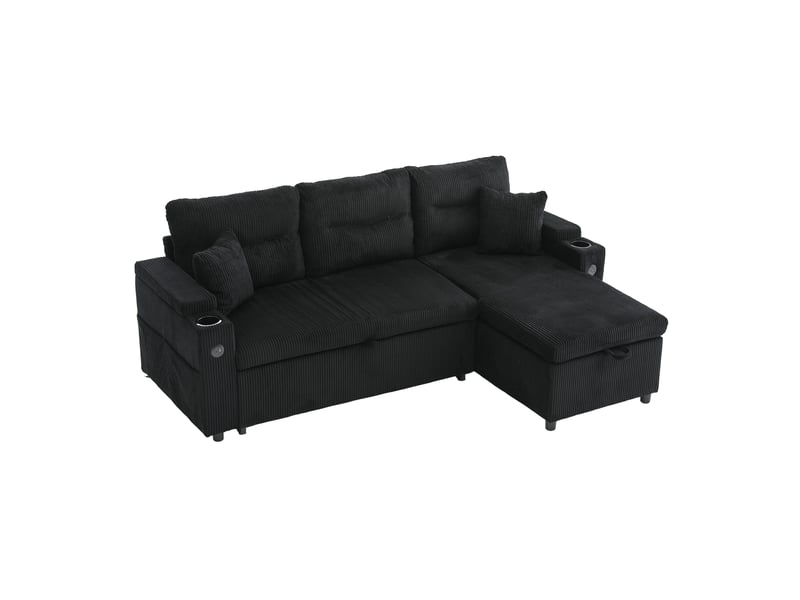  Canapé d'angle convertible 3 places – canapé-lit en velours côtelé avec méridienne, coffre de rangement, tiroir-lit, porte-gobelets, usb type-c – noir  - Conforama A