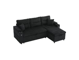 Canapé d'angle convertible 3 places – canapé-lit en velours côtelé avec méridienne, coffre de rangement, tiroir-lit, porte-gobelets, usb type-c – noir