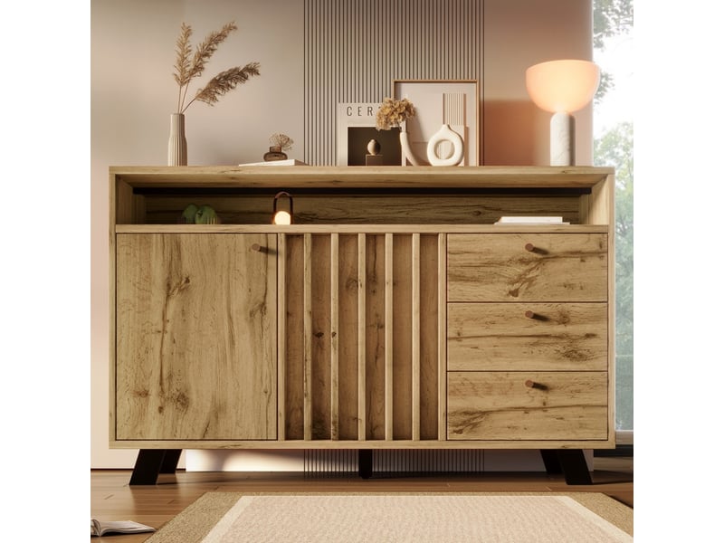  Buffet cuisine, meuble de rangement, avec 3 tiroirs, 2 portes et compartiment ouvert, 120 x 40 x 85 cm, pour salon, cuisine et salle à manger, brun clair  - Conforama D